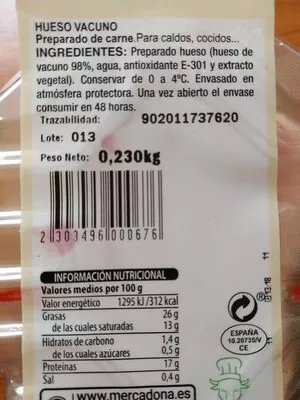 Lista de ingredientes del producto HUESO VACUNO para caldos  