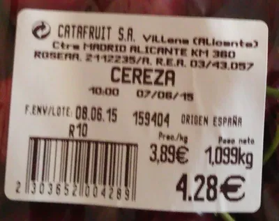 Lista de ingredientes del producto Cerezas Catafruit 1,099 Kg