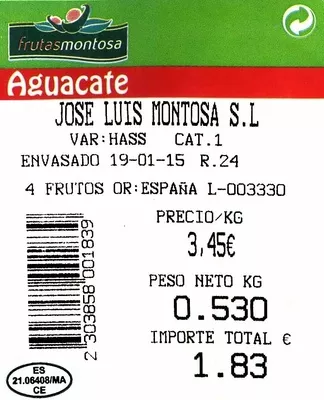 Lista de ingredientes del producto Aguacates Montosa 4 piezas - 500 g (aprox.)