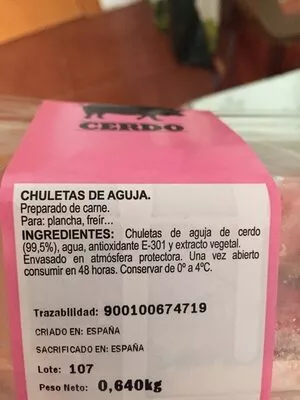 Lista de ingredientes del producto Chuletas de aguja Mercadona 