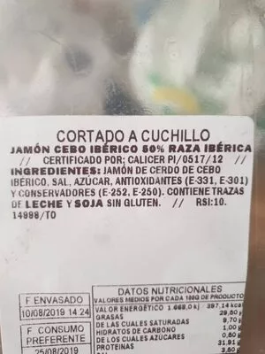 Lista de ingredientes del producto Jamón de cebo ibérico Mercadona 