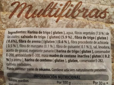 Lista de ingredientes del producto Pan Multifibras Mercadona 600 g