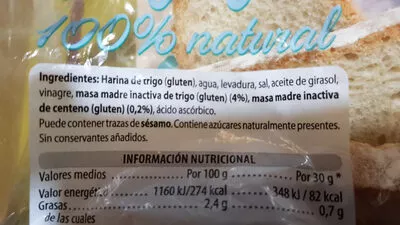 Lista de ingredientes del producto Hogaza 100% natural Mercadona 365 g