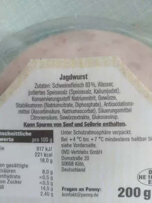 Lista de ingredientes del producto Jagdwurst Spitzenqualität Penny 200 g