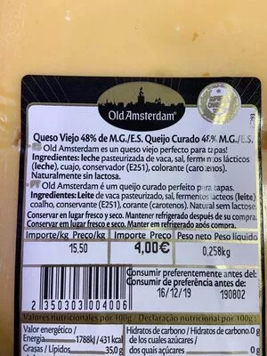 Lista de ingredientes del producto Queso viejo porción Old Amsterdam 