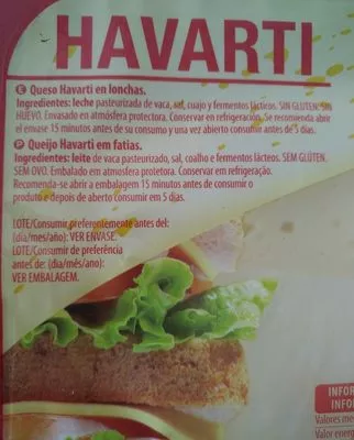 Lista de ingredientes del producto Havarti Havarti 