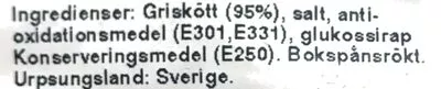 Lista de ingredientes del producto Ojämna Skivor Bacon Charkuteri Fabriken 713 g