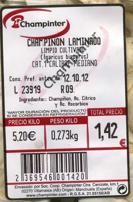 Lista de ingredientes del producto Champiñones laminados Champinter ~ 250 g (variable)