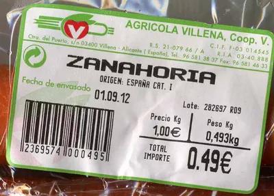 Lista de ingredientes del producto Zanahorias Agrícola Villena 500 g