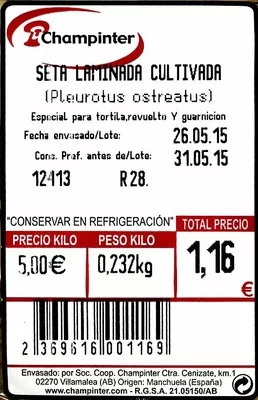 Lista de ingredientes del producto Setas de ostra laminadas Champinter 232 g (variable)