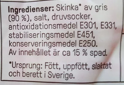 Lista de ingredientes del producto Helgskinka Färdigkokt Nybergs Deli 2.78 kg