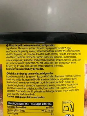 Lista de ingredientes del producto Alitas asadas Hacendado 