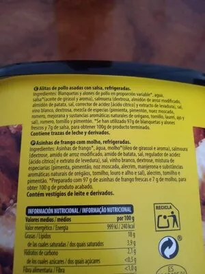 Lista de ingredientes del producto Alitas asadas Hacendado 