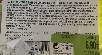 Lista de ingredientes del producto Paupiette de veau Tendriade 