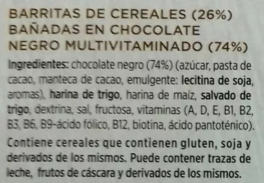 Lista de ingredientes del producto Barritas de cereales chocolate negro GoldenBridge 200 g (10 x 20 g)