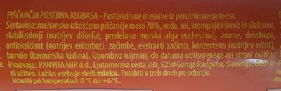 Lista de ingredientes del producto Piščančja posebna klobasa AVE,  Panvita MIR d.d 420g