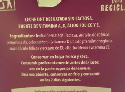 Lista de ingredientes del producto Leche Milsani 1 litro