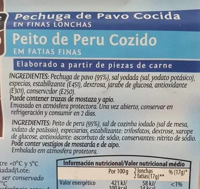 Lista de ingredientes del producto Pechuga de pavo cocida La Tabla de Aldi 200 g