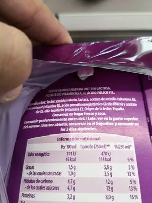 Lista de ingredientes del producto Leche Milsani semidesnatada sin lactosa Milsani 