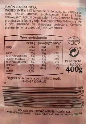 Lista de ingredientes del producto Delicato Jamón Cocido Extra Finas Lonchas Delicato 2 x 200 g