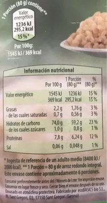 Lista de ingredientes del producto Arroz redondo integral GutBio 