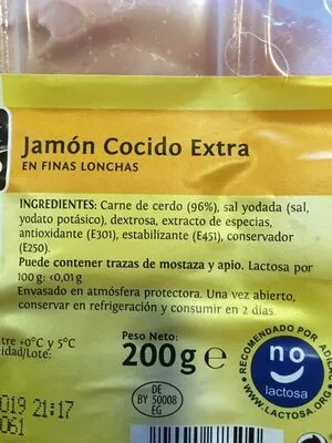 Lista de ingredientes del producto Jamon cocido en finas lonchas Delicato 200 g