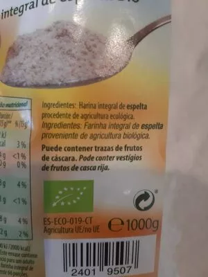 Lista de ingredientes del producto Harina integral de espelta bio Gutbio 25 g