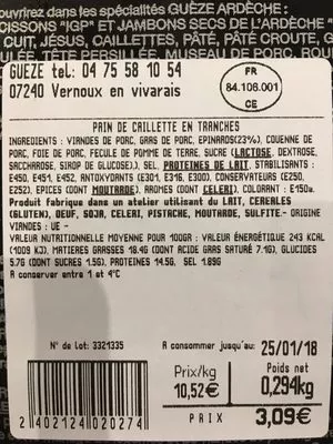 Lista de ingredientes del producto Caillette en tranche Gueze 