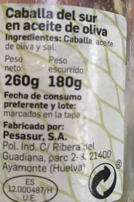 Lista de ingredientes del producto Caballa Sal de Plata 