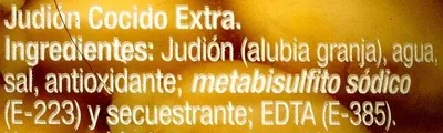 Lista de ingredientes del producto Judión cocido extra El Cultivador 540 g (neto), 400 g (escurrido), 580 ml