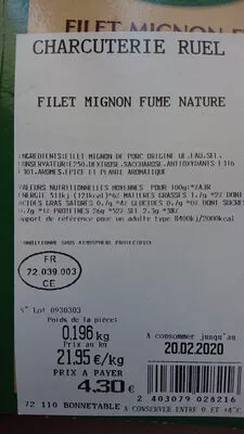 Lista de ingredientes del producto Filet mignon fumé nature  200 g