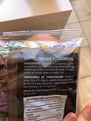 Lista de ingredientes del producto Brotes tiernos y canónigos El Mercado de Aldi 