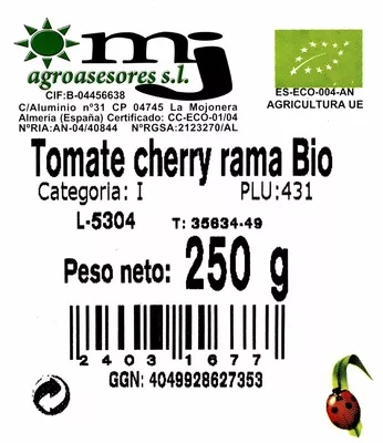 Lista de ingredientes del producto Tomate Cherry Rama Ecológico MJ Agroasesores 250 g