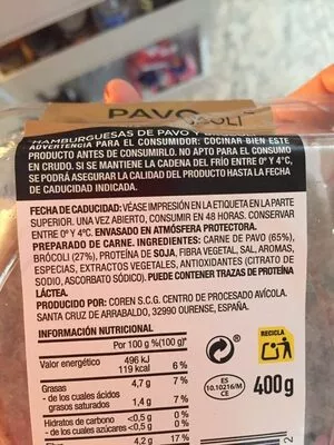 Lista de ingredientes del producto Hamburguesas de pavo y brócoli El Mercado de Aldi 400 g