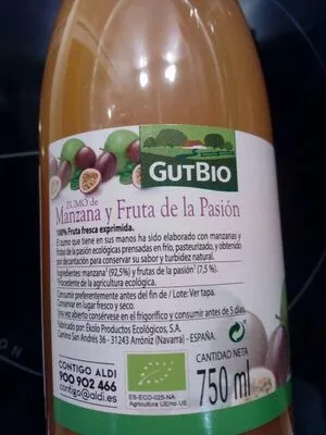 Lista de ingredientes del producto Zumo manzana y fruta pasión Gutbio 