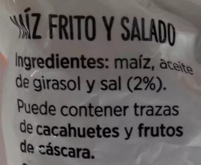 Lista de ingredientes del producto Maíz frito Aldi 150 g