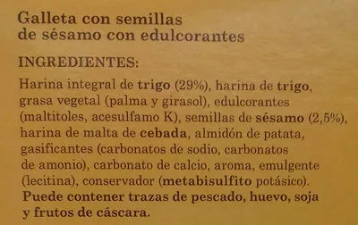 Lista de ingredientes del producto Galletas integrales con sésamo Aurada 360 g