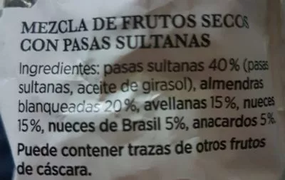 Lista de ingredientes del producto mezclas de frutos secos  