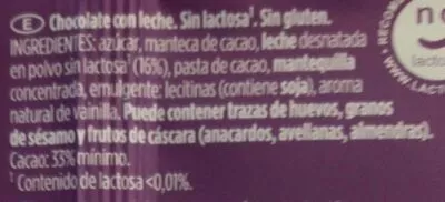 Lista de ingredientes del producto Chocolate sin lactosa con avellanas Château 