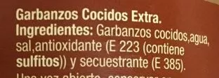 Lista de ingredientes del producto Garbanzos Cocidos El Cultivador 540 g neto, 400 g escurrido