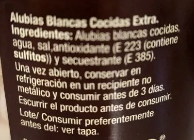 Lista de ingredientes del producto Alubias blancas cocidas en conserva El Cultivador 580 g (neto), 400 g (escurrido), 580 ml