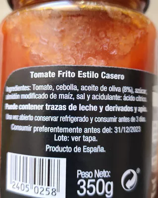 Lista de ingredientes del producto Tomate frito estilo casero El Cultivador 350g