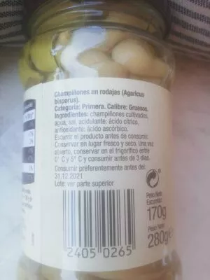 Lista de ingredientes del producto Champiñones laminados El Cultivador 280 g