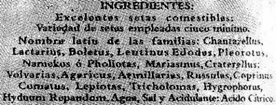 Lista de ingredientes del producto Mezcla de setas en conserva El Cultivador 340 g (neto), 180 g (escurrido), 370 ml