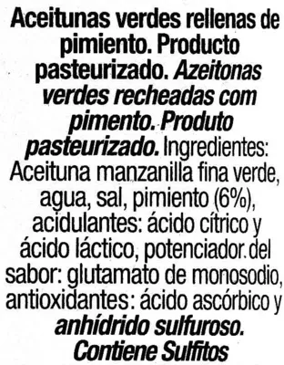 Lista de ingredientes del producto Aceitunas verdes rellenas de pimiento rojo El Cultivador 350 g (neto), 150 g (escurrido), 370 ml