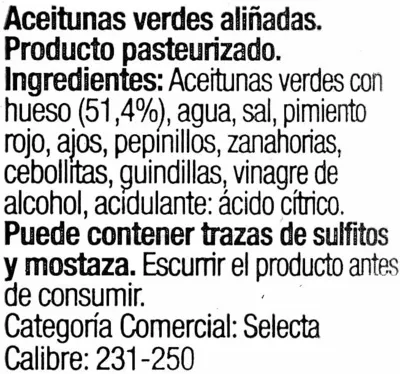 Lista de ingredientes del producto Aceitunas aliñadas Gazpacha El Cultivador 975 g (neto), 600 g (escurrido), 960 ml