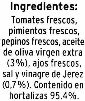 Lista de ingredientes del producto Gazpacho Casa Morando 990 ml (3 x 330 ml)