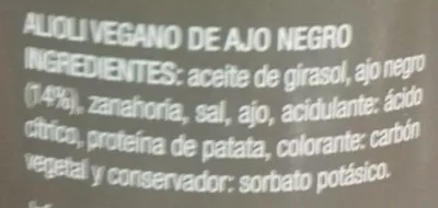 Lista de ingredientes del producto Alioli vegano Ajo negro Special de Aldi 135 g