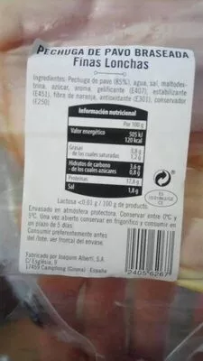 Lista de ingredientes del producto Pechuga de pavo braseada Delicato 