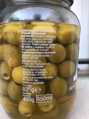 Lista de ingredientes del producto Aceitunas manzanilla sin hueso El Cultivador 835 g